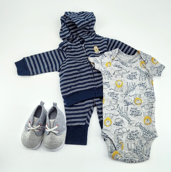 child of mine Other - Striped Navy and Gray Hoodie And Pants With Grey Onesi Shirt And A Pair Of Shoes
